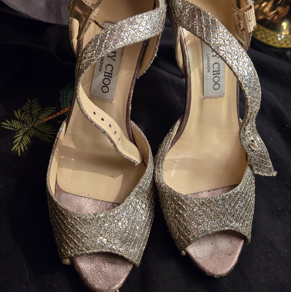 Jimmy Choo Heels 37.5 Gold Silver Glitter Strappy Designer Shoes
